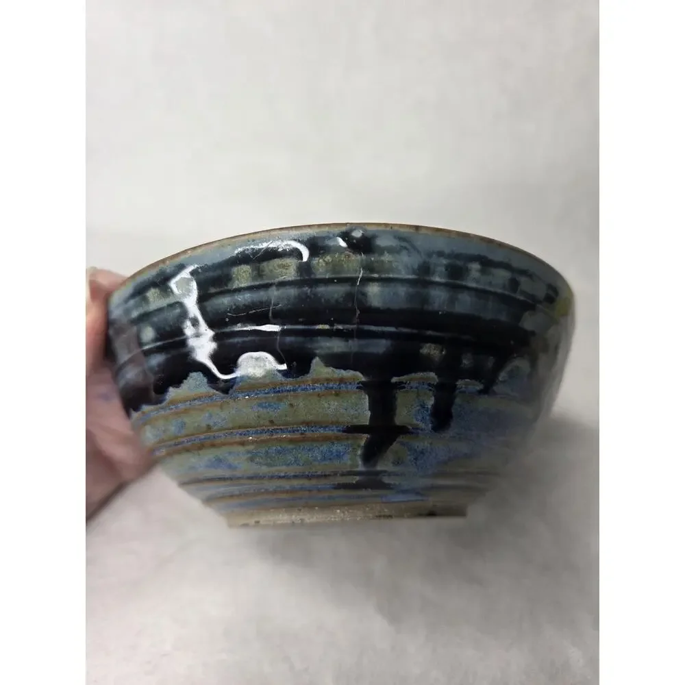 Studio Art Pottery Bowl Blue Drip Glaze Marked Bear Paw SMK